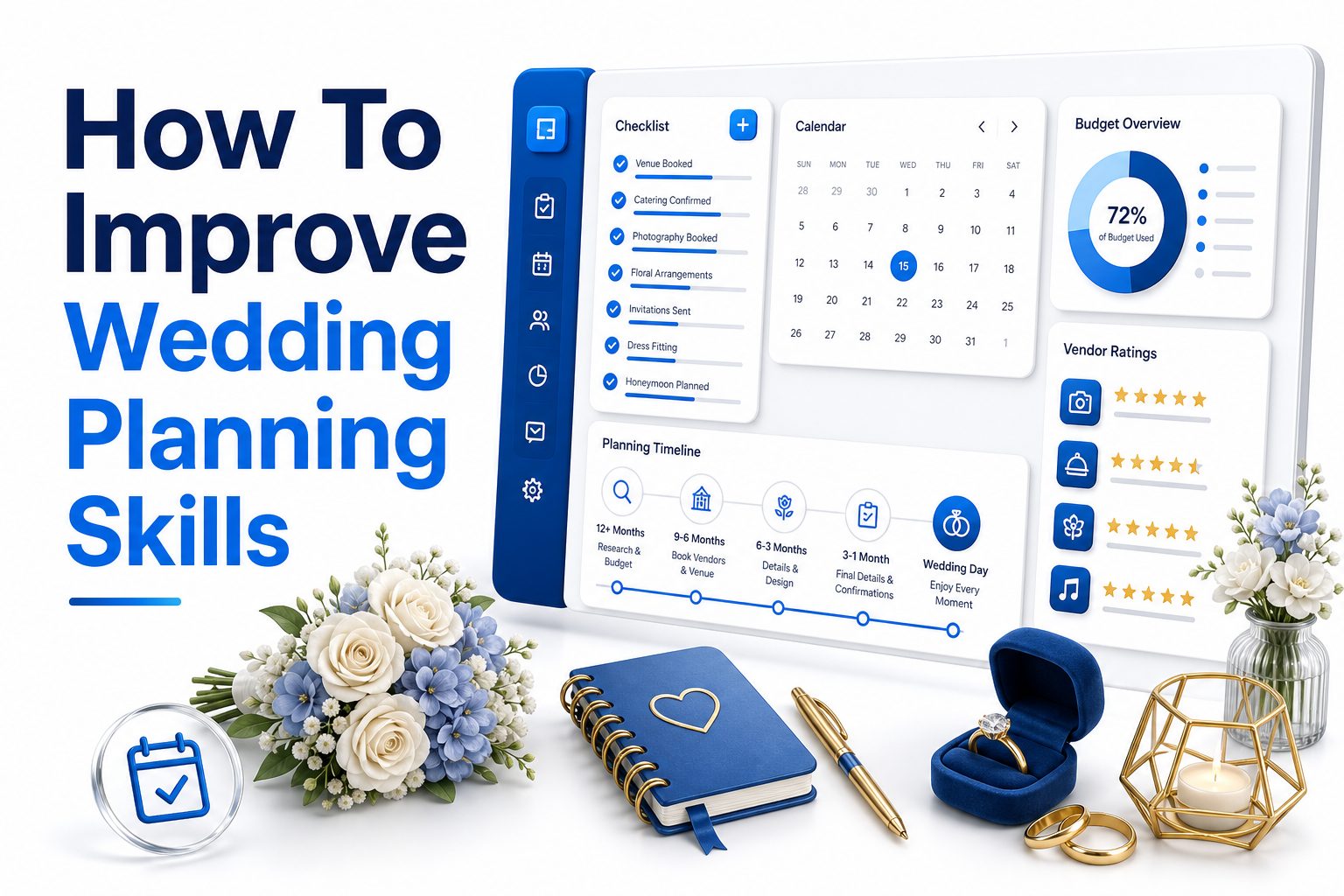 Wedding planner organizing a checklist, calendar, flowers, and venue details on a desk