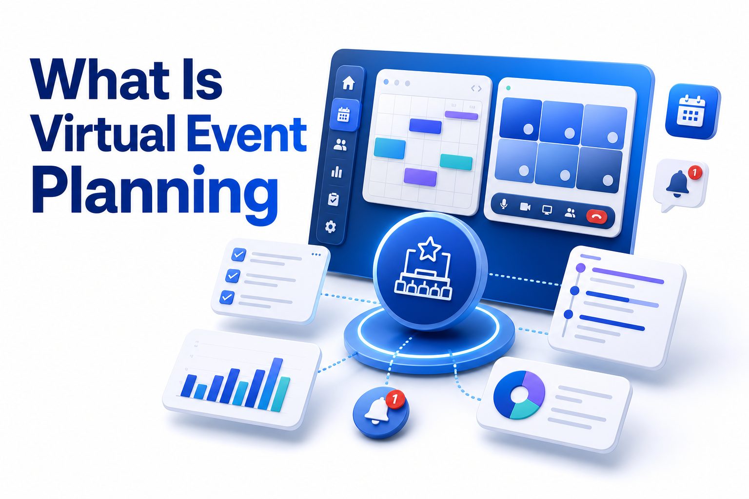 Virtual event planner organizing an online conference dashboard